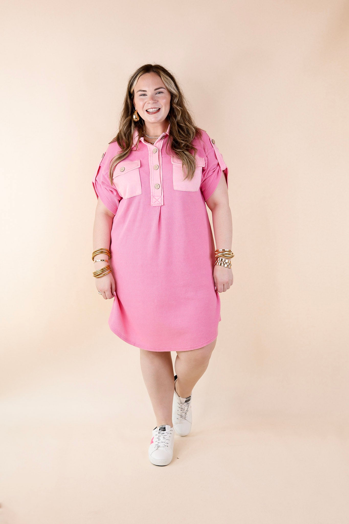 Vibe Check Waffle Knit Collared Dress in Pink - Giddy Up Glamour Boutique