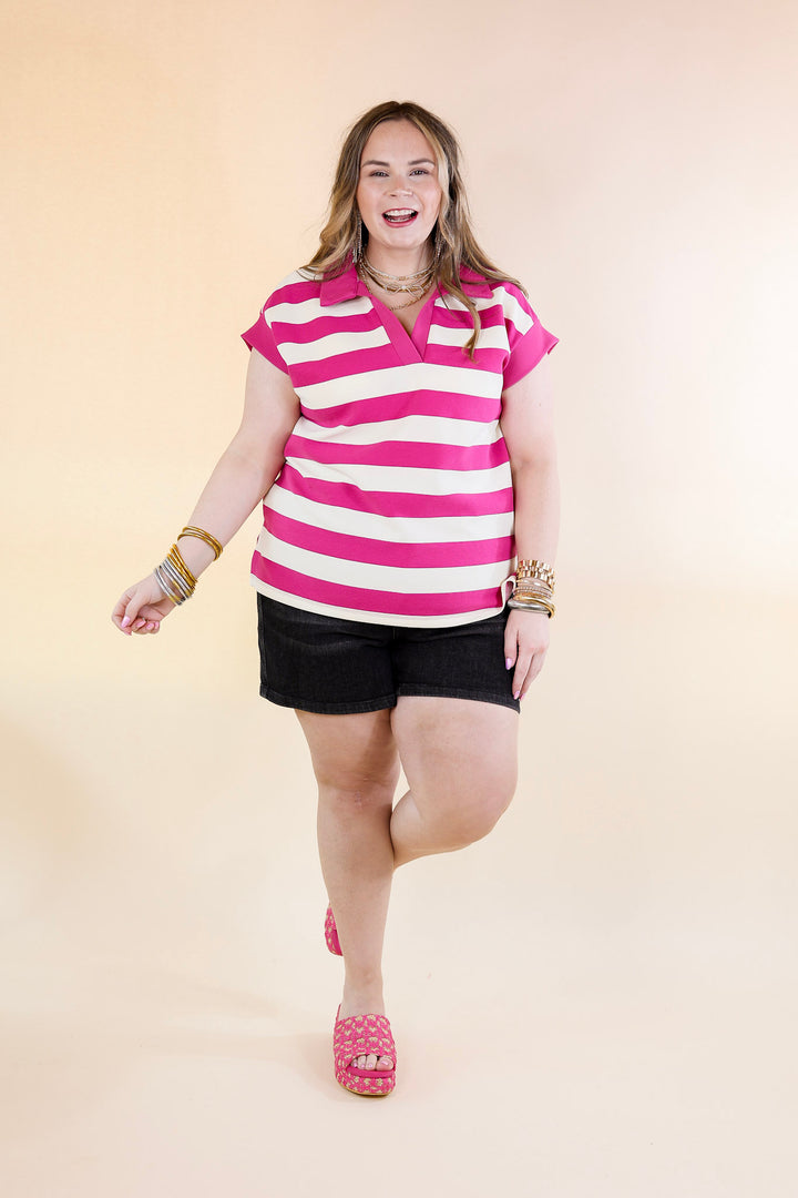 Stripe it Simple Collared Stripe Top with Drop Sleeves in Hot Pink and Cream - Giddy Up Glamour Boutique
