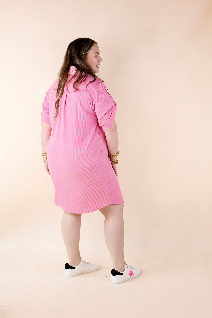 Vibe Check Waffle Knit Collared Dress in Pink - Giddy Up Glamour Boutique