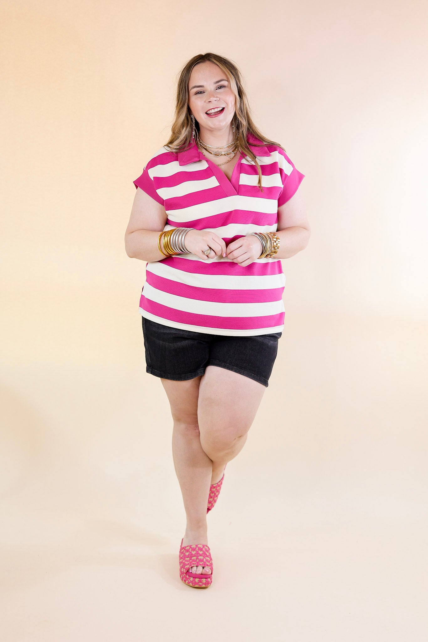 Stripe it Simple Collared Stripe Top with Drop Sleeves in Hot Pink and Cream - Giddy Up Glamour Boutique
