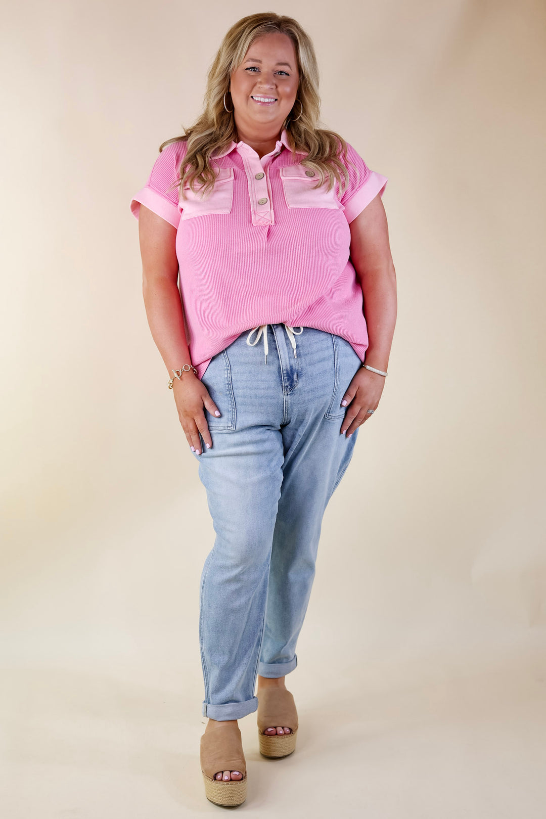 Vibe Check Waffle Knit Collared Top in Pink - Giddy Up Glamour Boutique