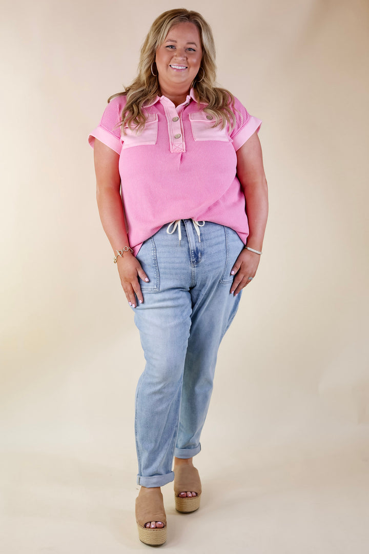 Vibe Check Waffle Knit Collared Top in Pink - Giddy Up Glamour Boutique