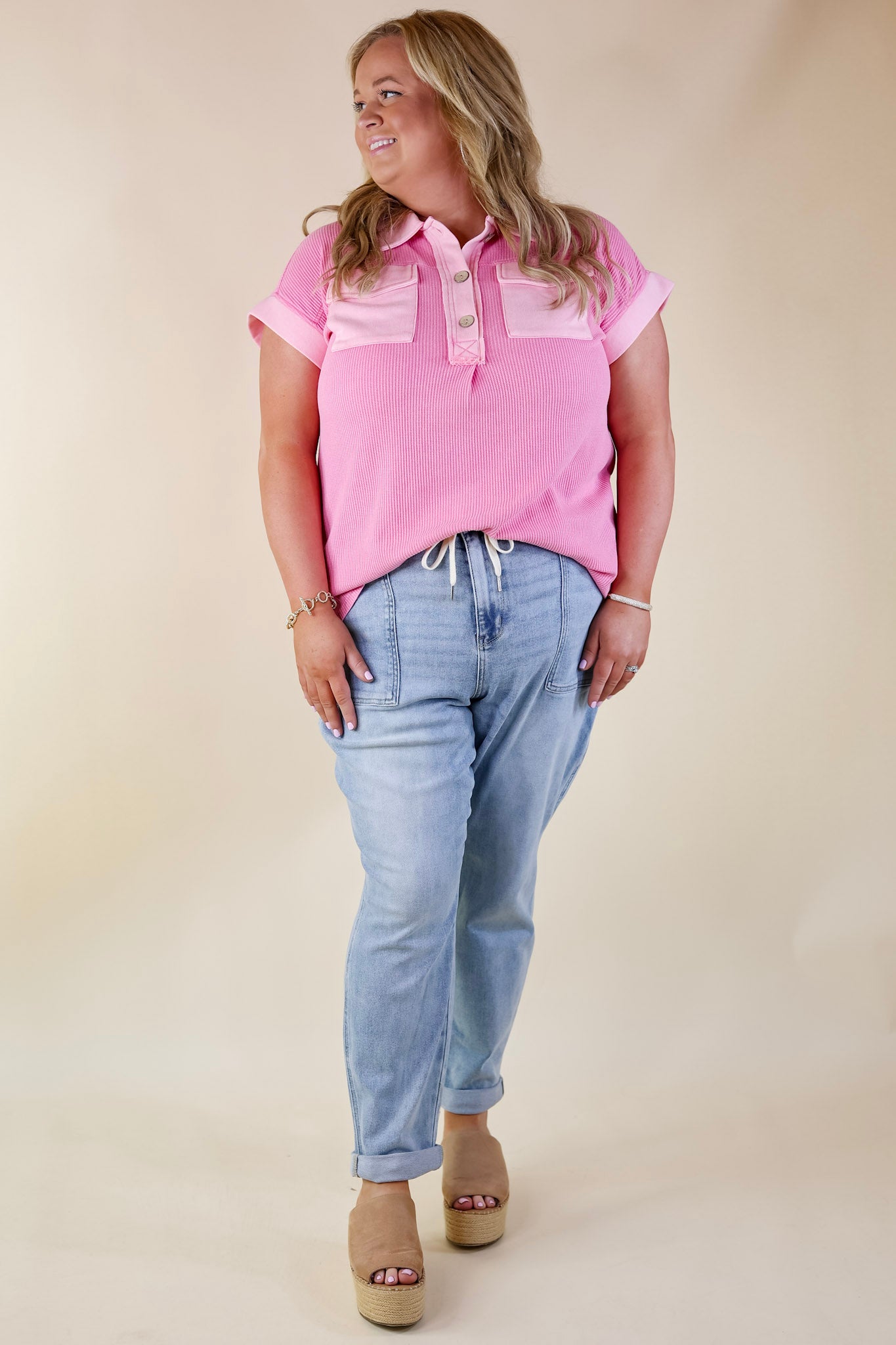 Vibe Check Waffle Knit Collared Top in Pink - Giddy Up Glamour Boutique