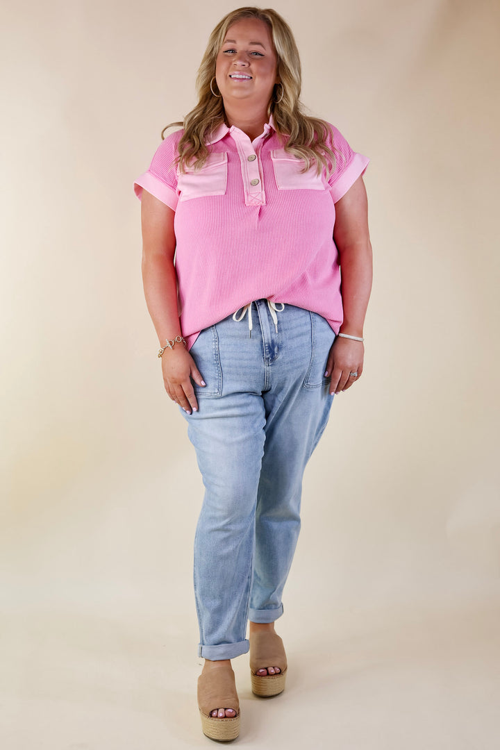 Vibe Check Waffle Knit Collared Top in Pink - Giddy Up Glamour Boutique