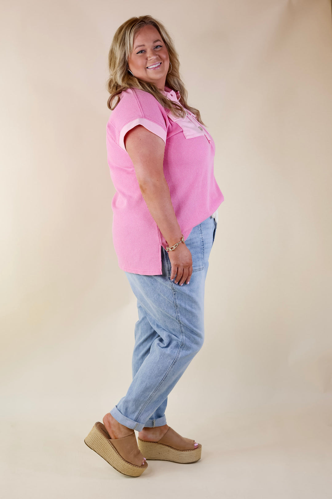 Vibe Check Waffle Knit Collared Top in Pink - Giddy Up Glamour Boutique