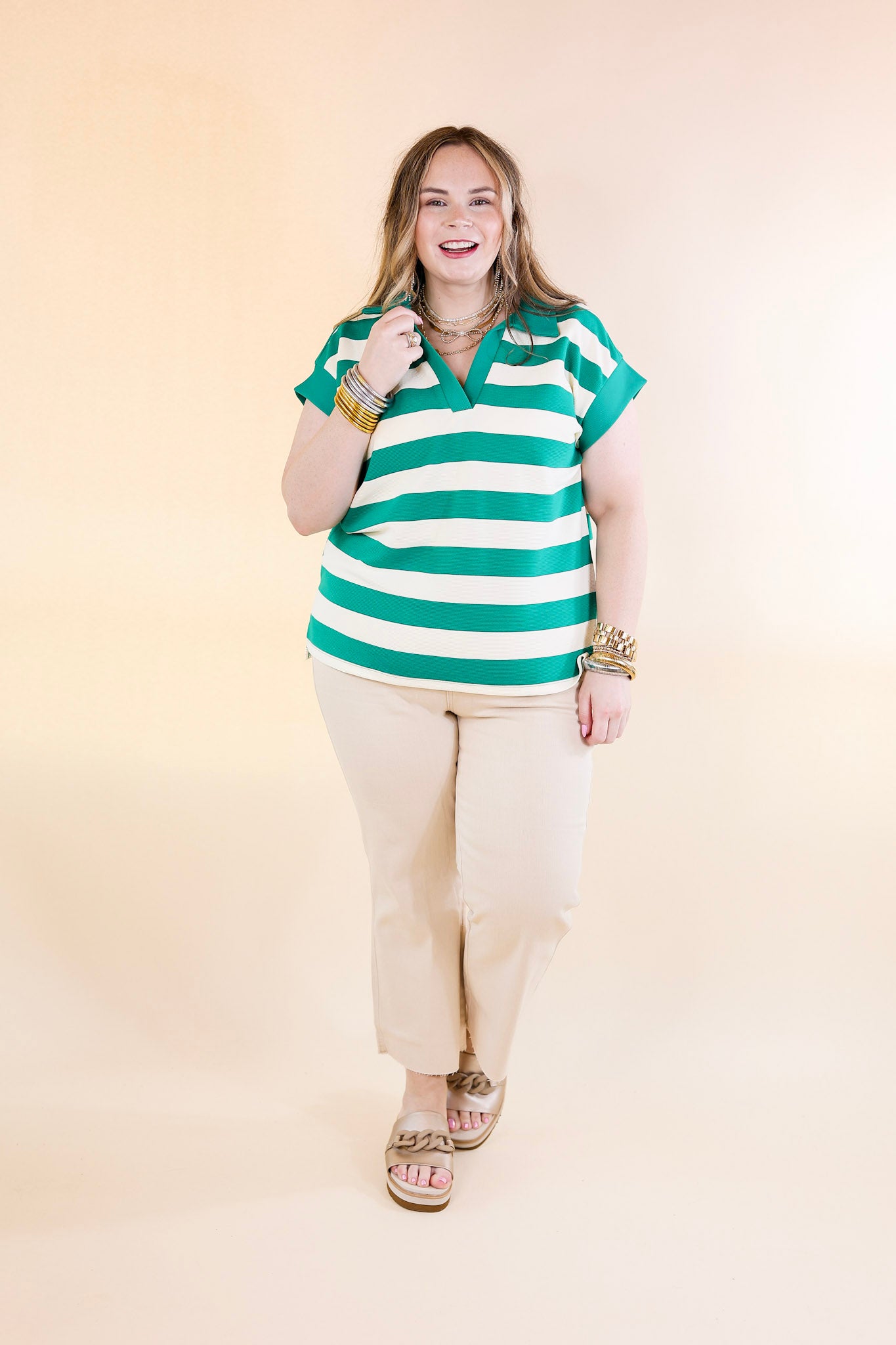 Stripe it Simple Collared Stripe Top with Drop Sleeves in Green and Cream - Giddy Up Glamour Boutique