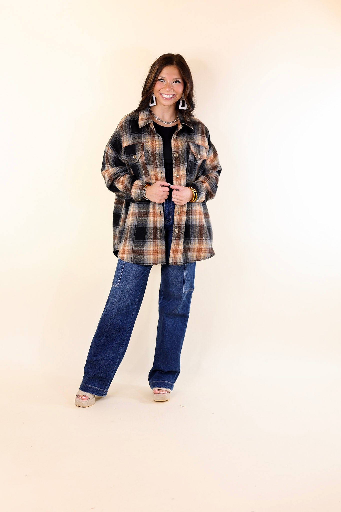 Kindness Everywhere Button Up Plaid Shacket in Black Mix