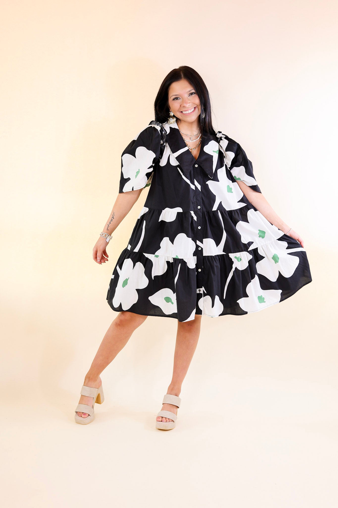 Dreamy Delight Floral Print Button Down Dress with Puff Sleeves in Black - Giddy Up Glamour Boutique