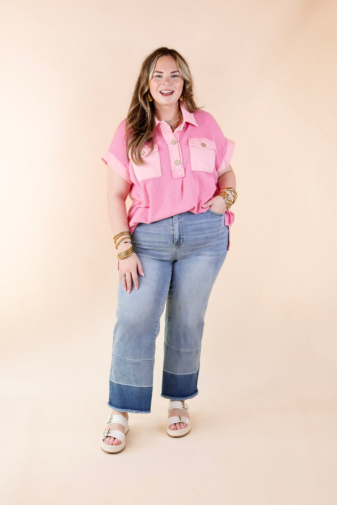 Vibe Check Waffle Knit Collared Top in Pink - Giddy Up Glamour Boutique