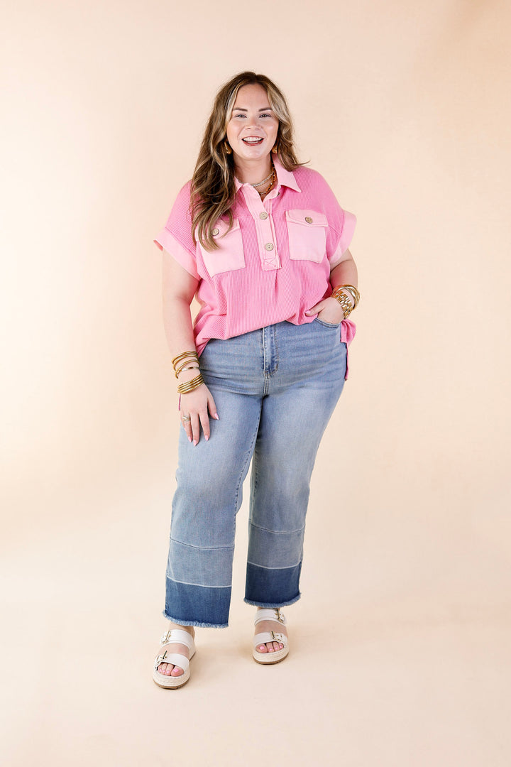 Vibe Check Waffle Knit Collared Top in Pink - Giddy Up Glamour Boutique