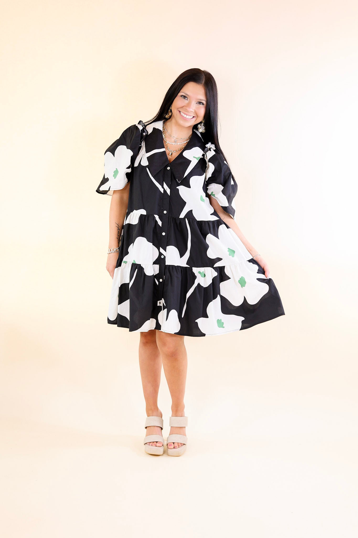 Dreamy Delight Floral Print Button Down Dress with Puff Sleeves in Black - Giddy Up Glamour Boutique