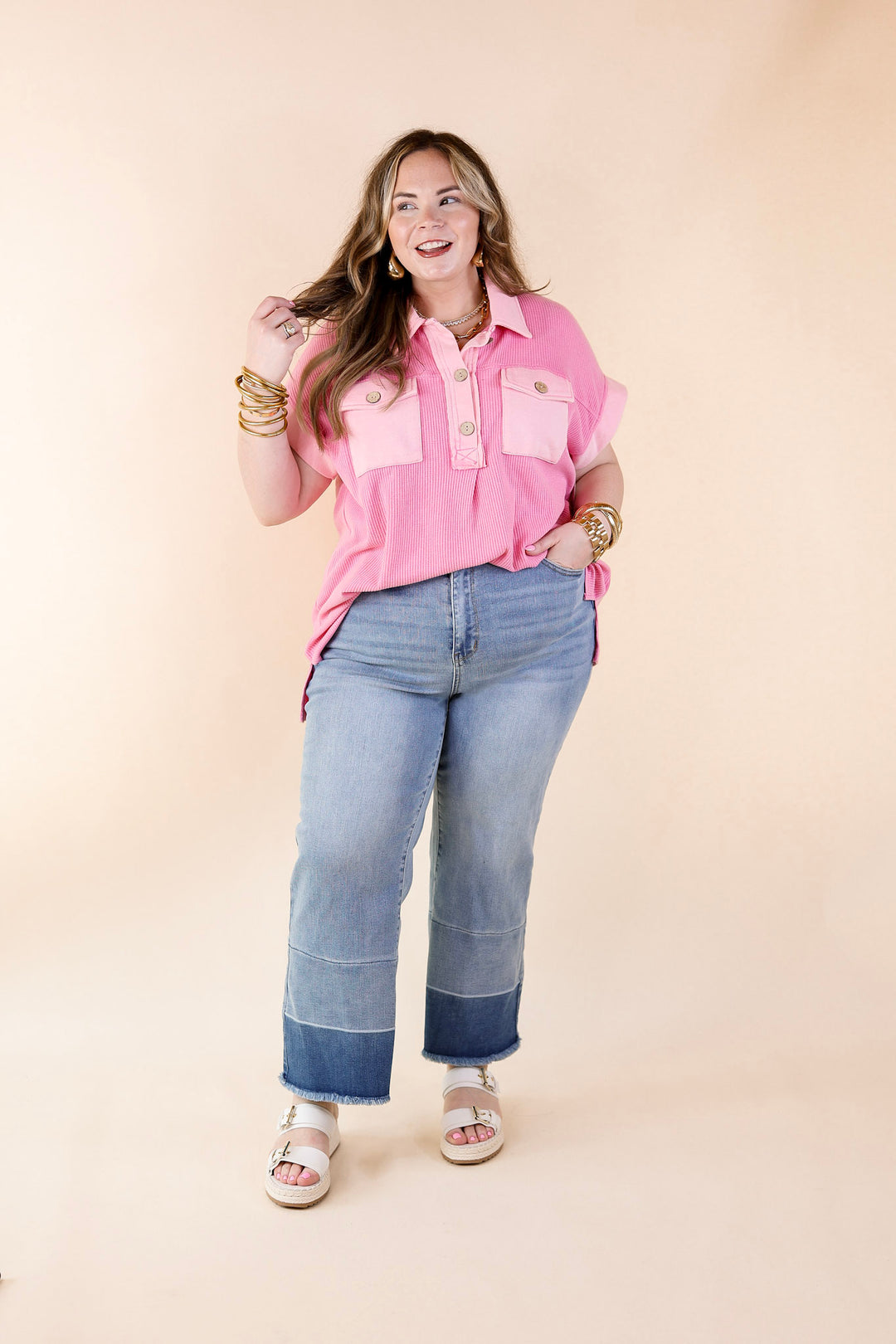 Vibe Check Waffle Knit Collared Top in Pink - Giddy Up Glamour Boutique