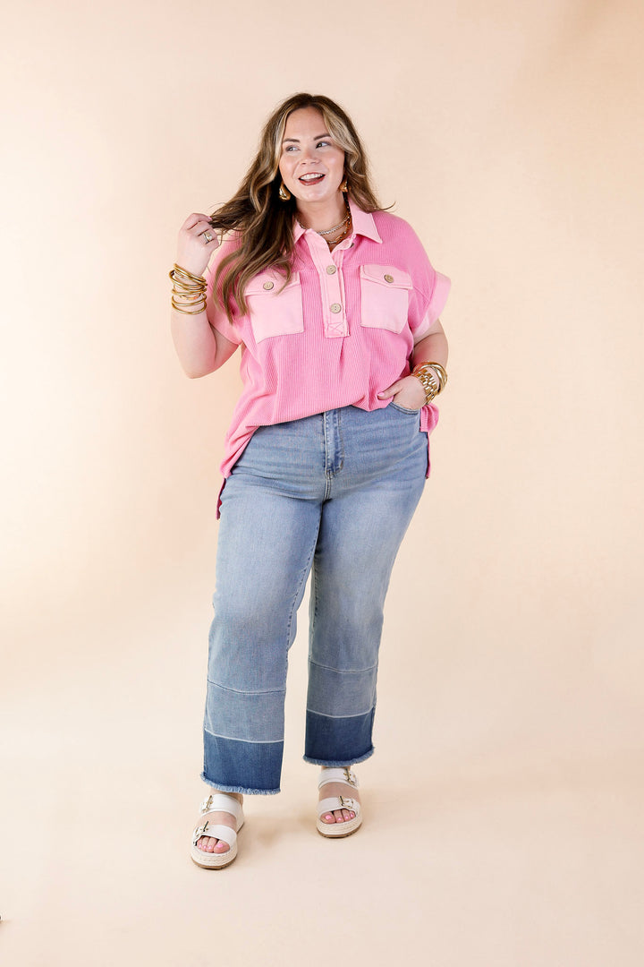 Vibe Check Waffle Knit Collared Top in Pink - Giddy Up Glamour Boutique