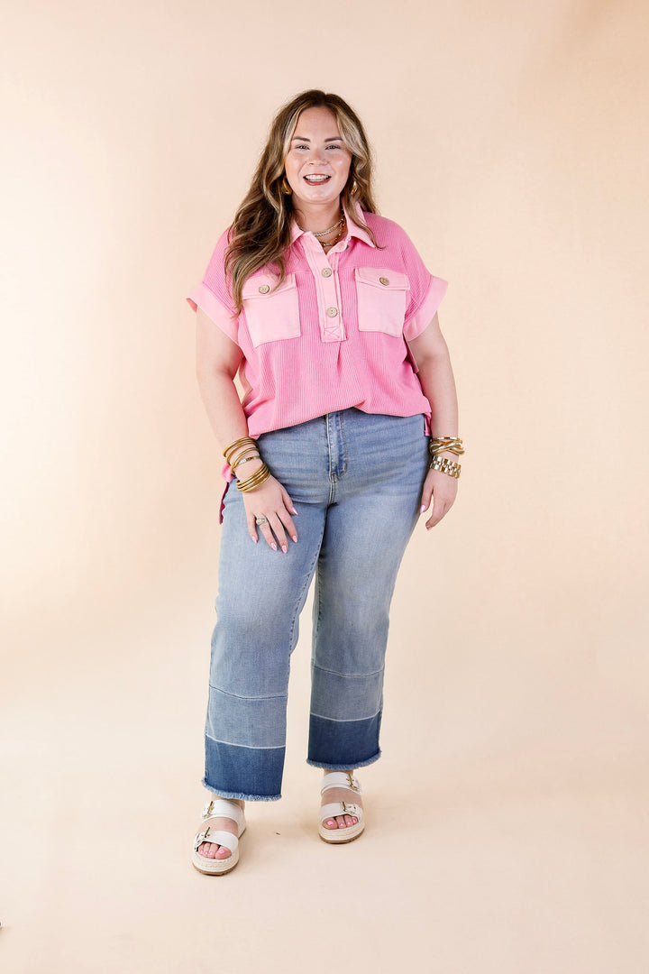 Vibe Check Waffle Knit Collared Top in Pink - Giddy Up Glamour Boutique