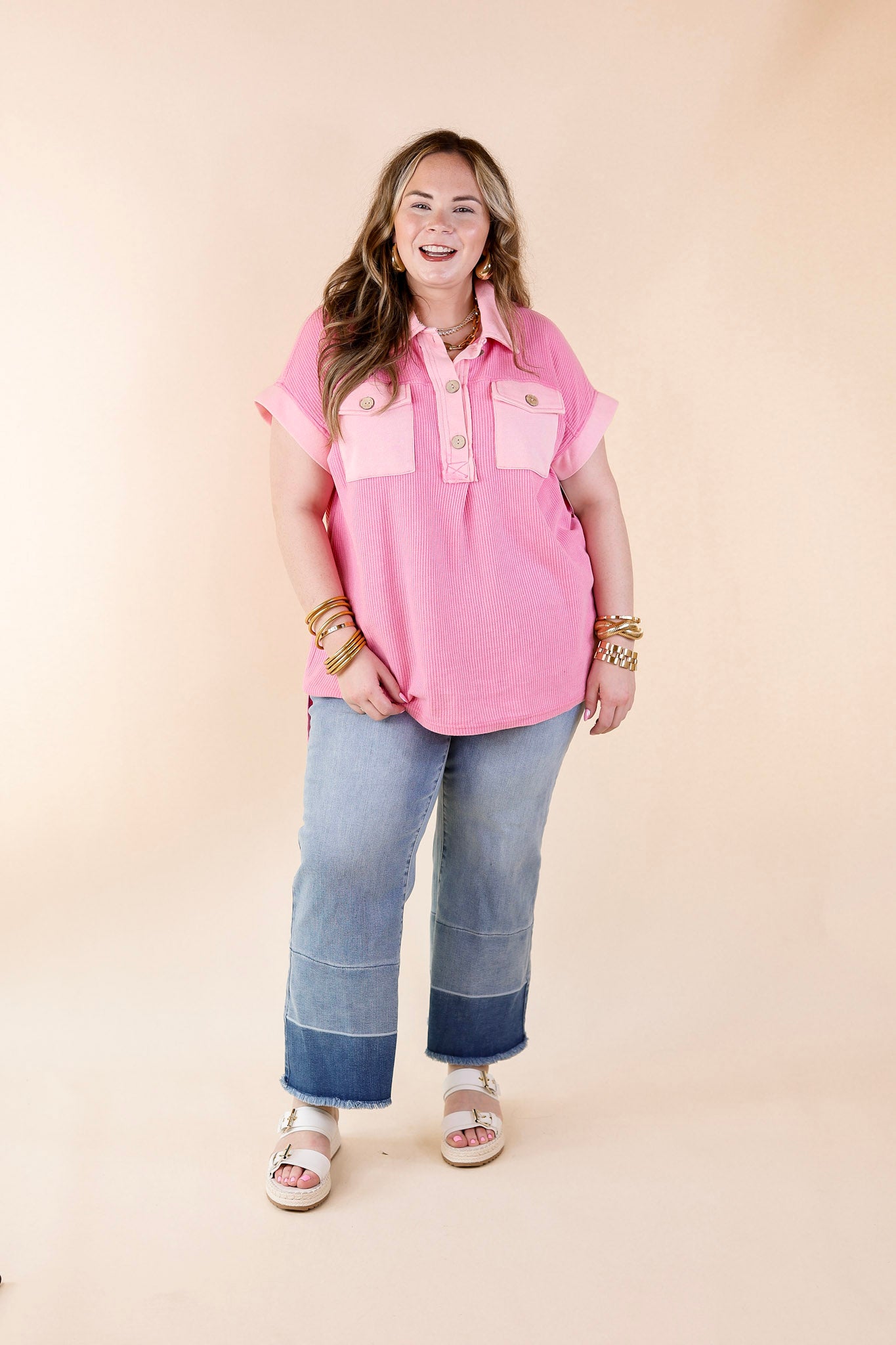 Vibe Check Waffle Knit Collared Top in Pink - Giddy Up Glamour Boutique