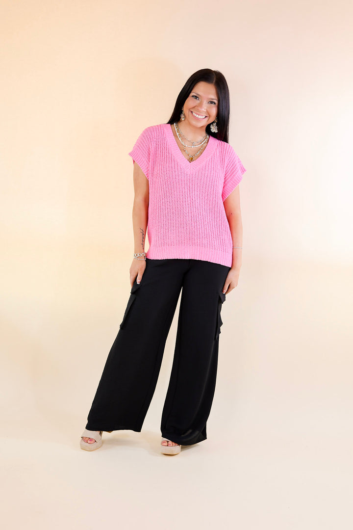 Summer Days Short Sleeve V Neck Sweater in Hot Pink - Giddy Up Glamour Boutique