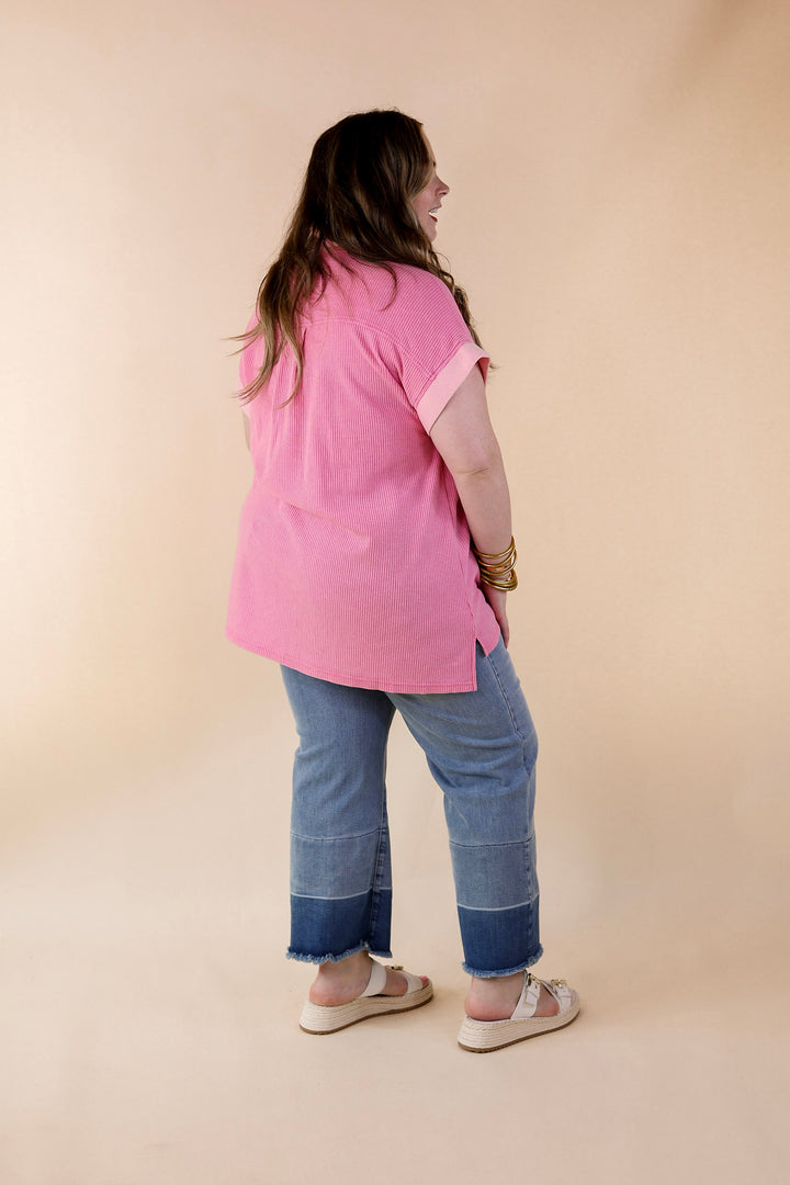 Vibe Check Waffle Knit Collared Top in Pink - Giddy Up Glamour Boutique