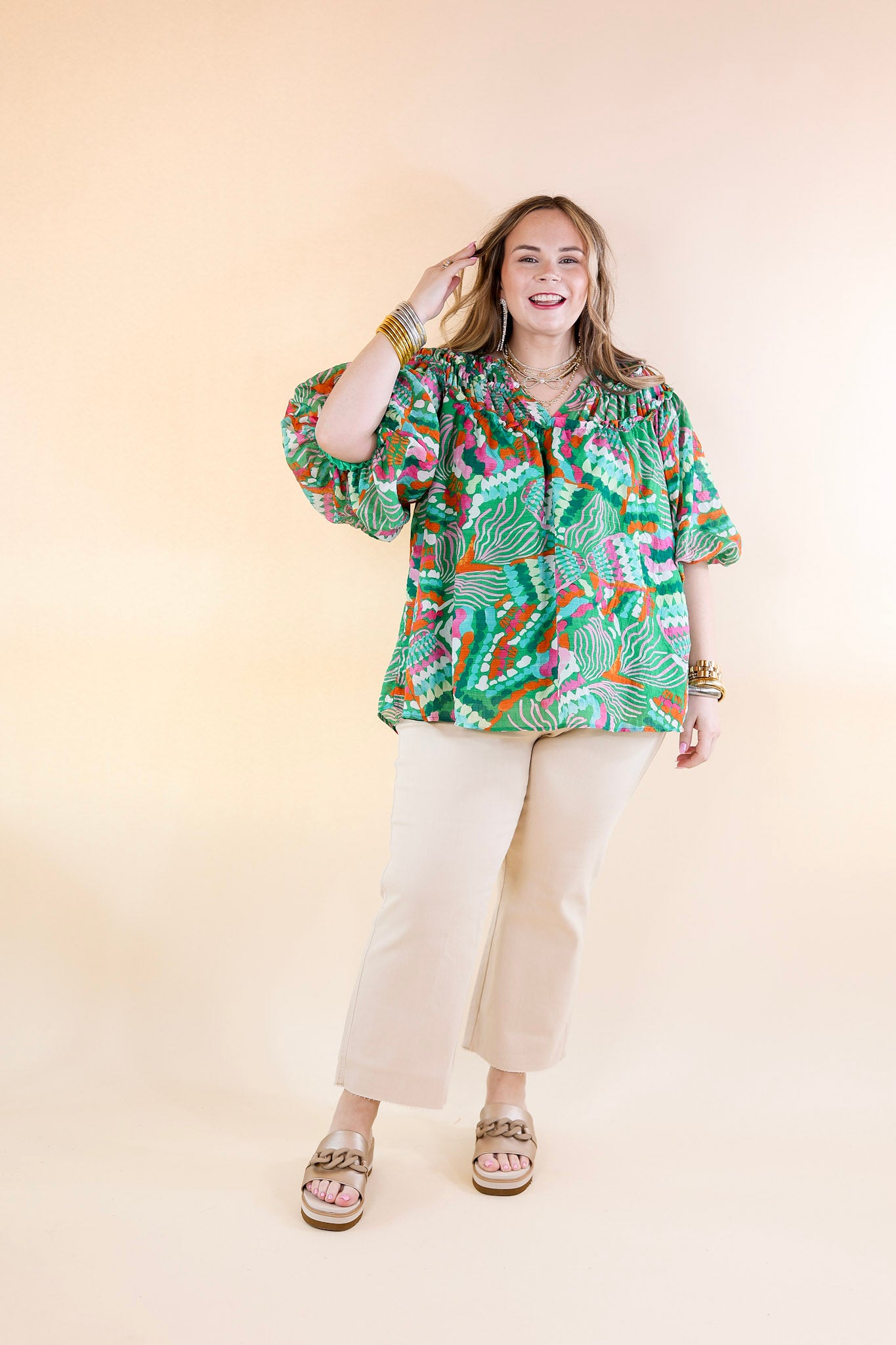 Effortless Style V Neck Tropical Print Top in Green - Giddy Up Glamour Boutique