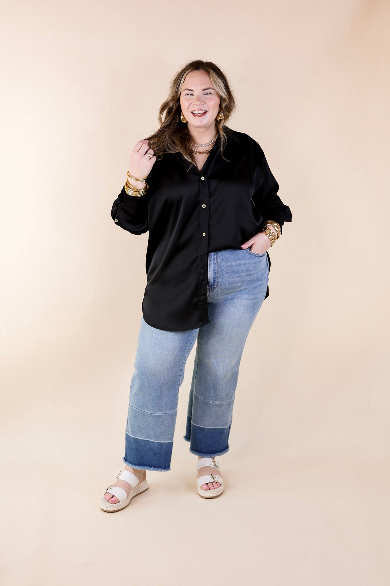 Tell Me Something Good Long Sleeve Button Up Top in Black - Giddy Up Glamour Boutique