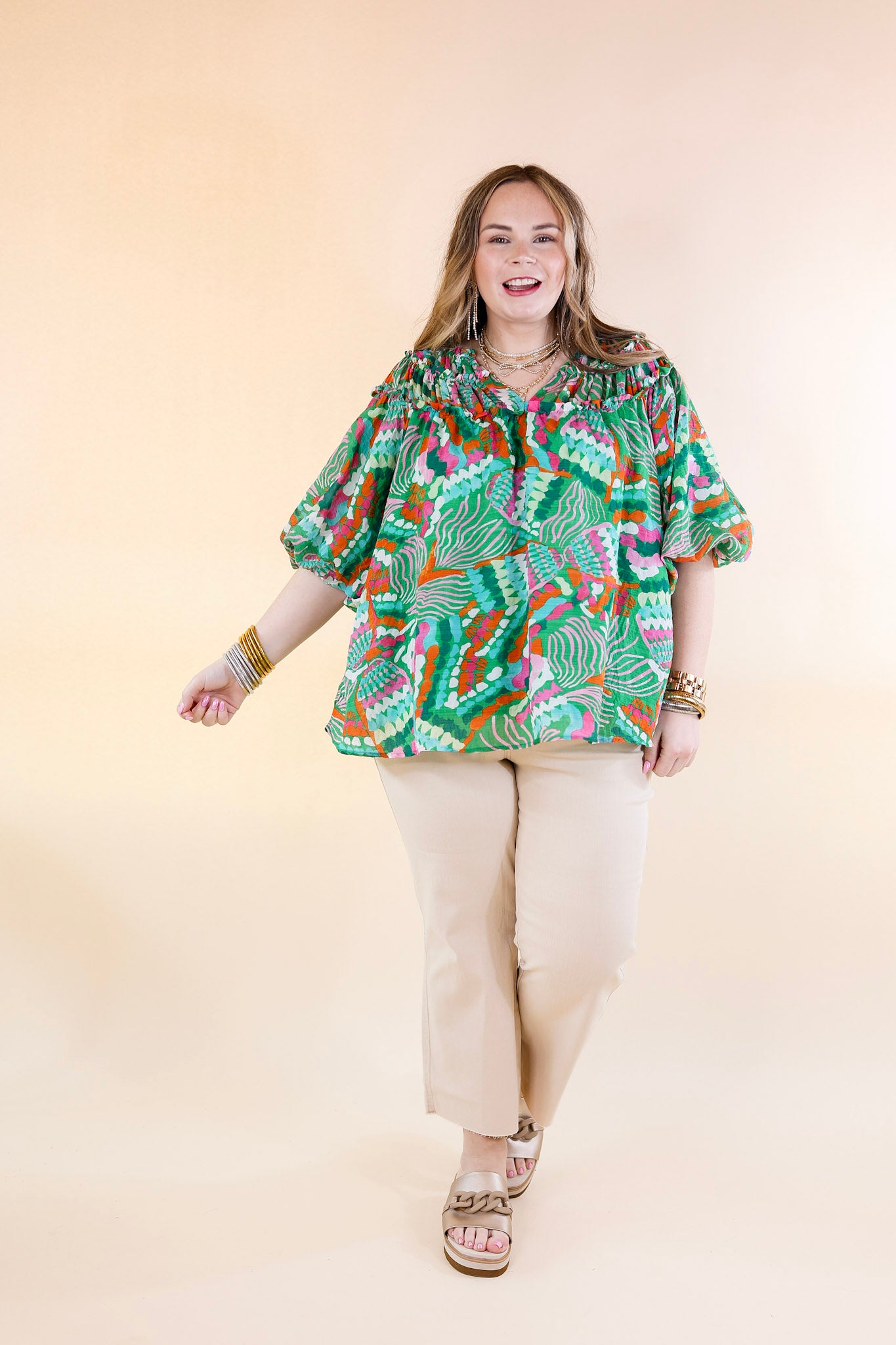 Effortless Style V Neck Tropical Print Top in Green - Giddy Up Glamour Boutique