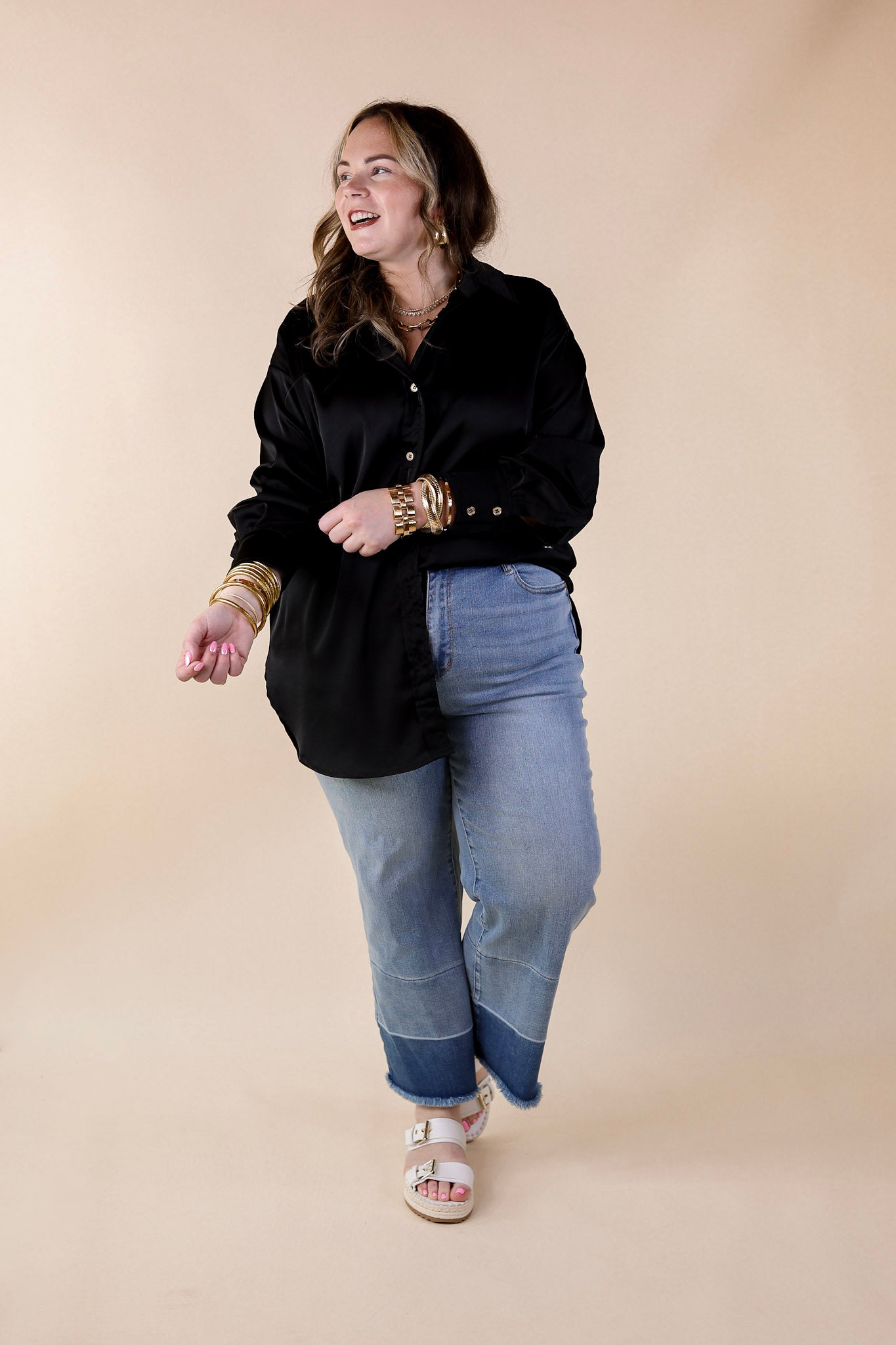 Tell Me Something Good Long Sleeve Button Up Top in Black - Giddy Up Glamour Boutique