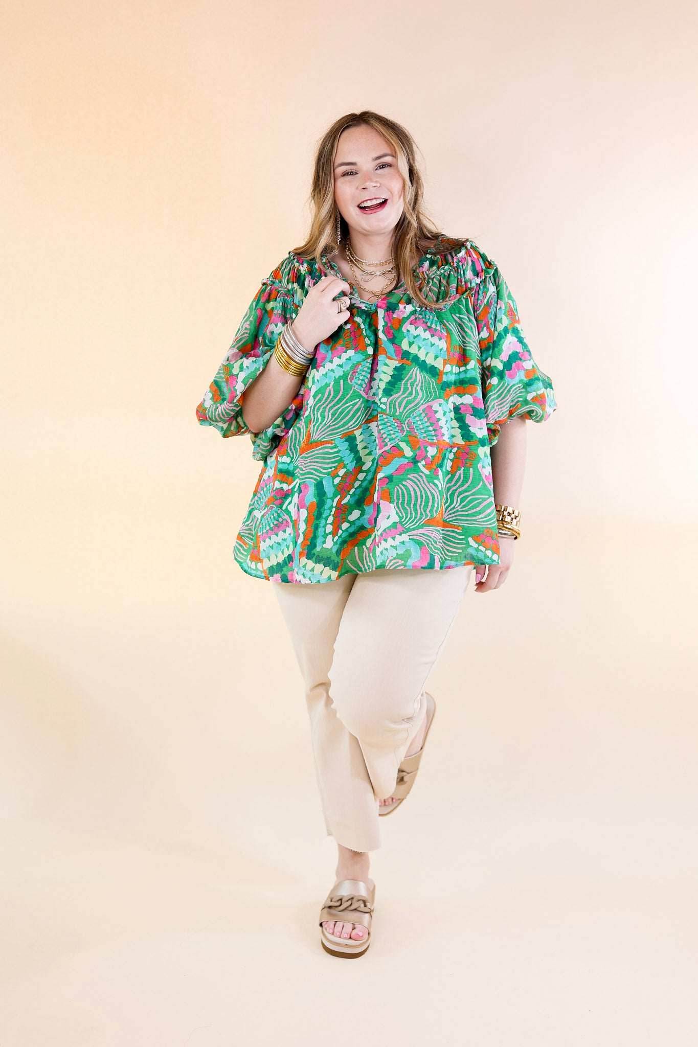 Effortless Style V Neck Tropical Print Top in Green - Giddy Up Glamour Boutique