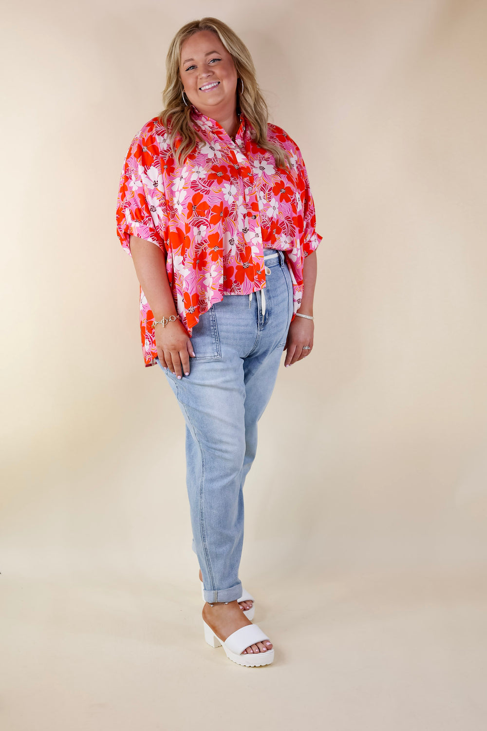 Bright Lifestyle Button Up Half Sleeve Floral Poncho Top in Pink Mix - Giddy Up Glamour Boutique