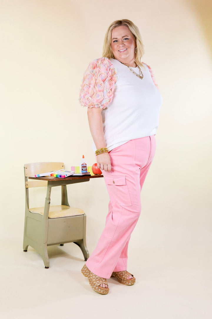 Spring Girls Multi-Color Floral Tulle Balloon Sleeve Top in White