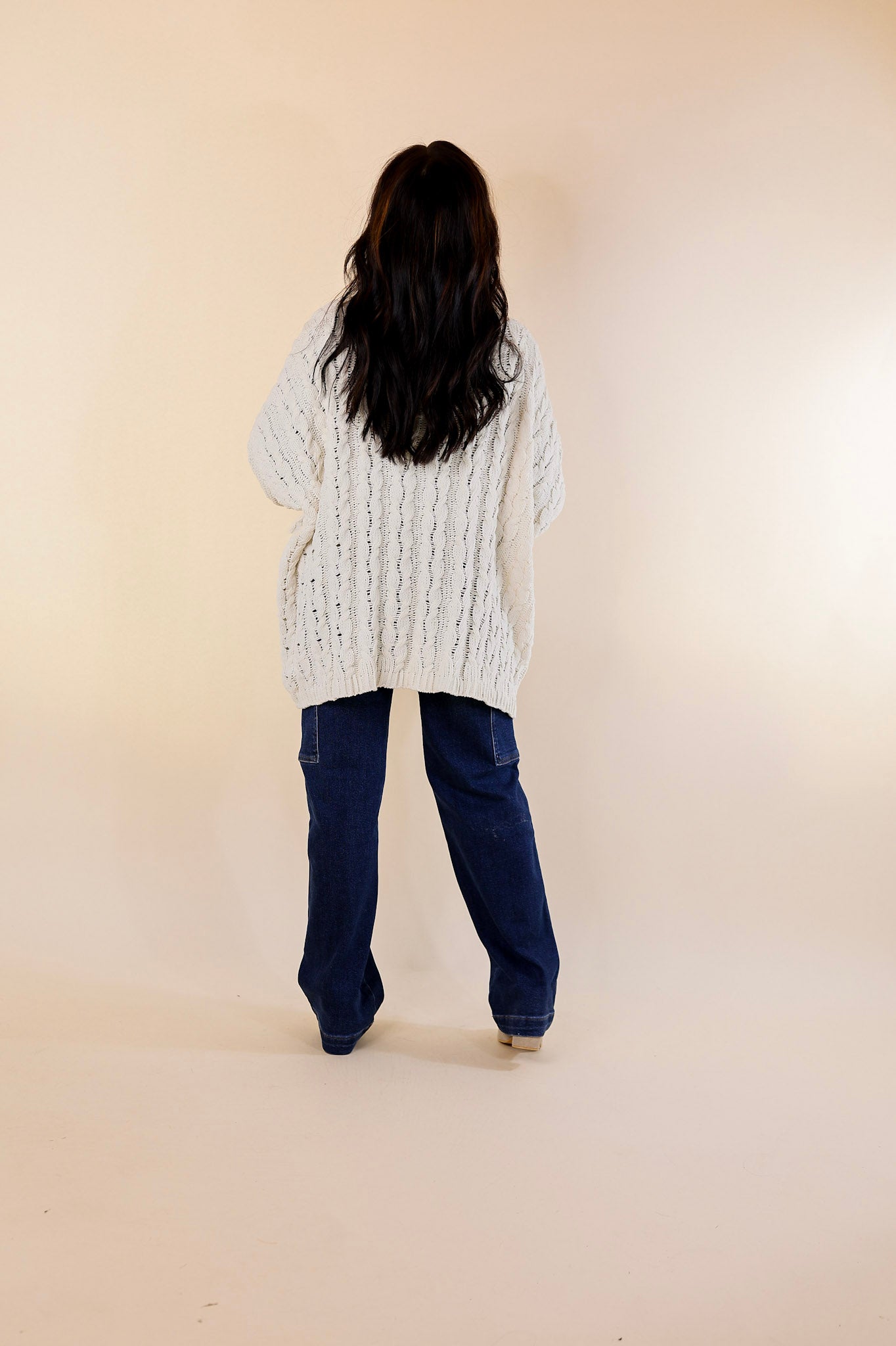 On My Level Chenille Cable Knit Open Front Cardigan in Ivory