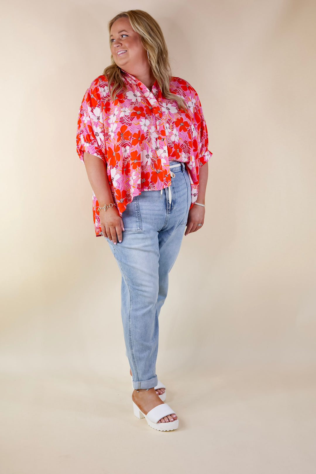 Bright Lifestyle Button Up Half Sleeve Floral Poncho Top in Pink Mix - Giddy Up Glamour Boutique