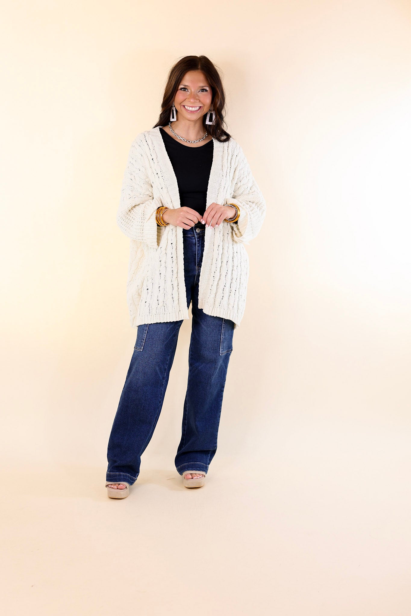 On My Level Chenille Cable Knit Open Front Cardigan in Ivory