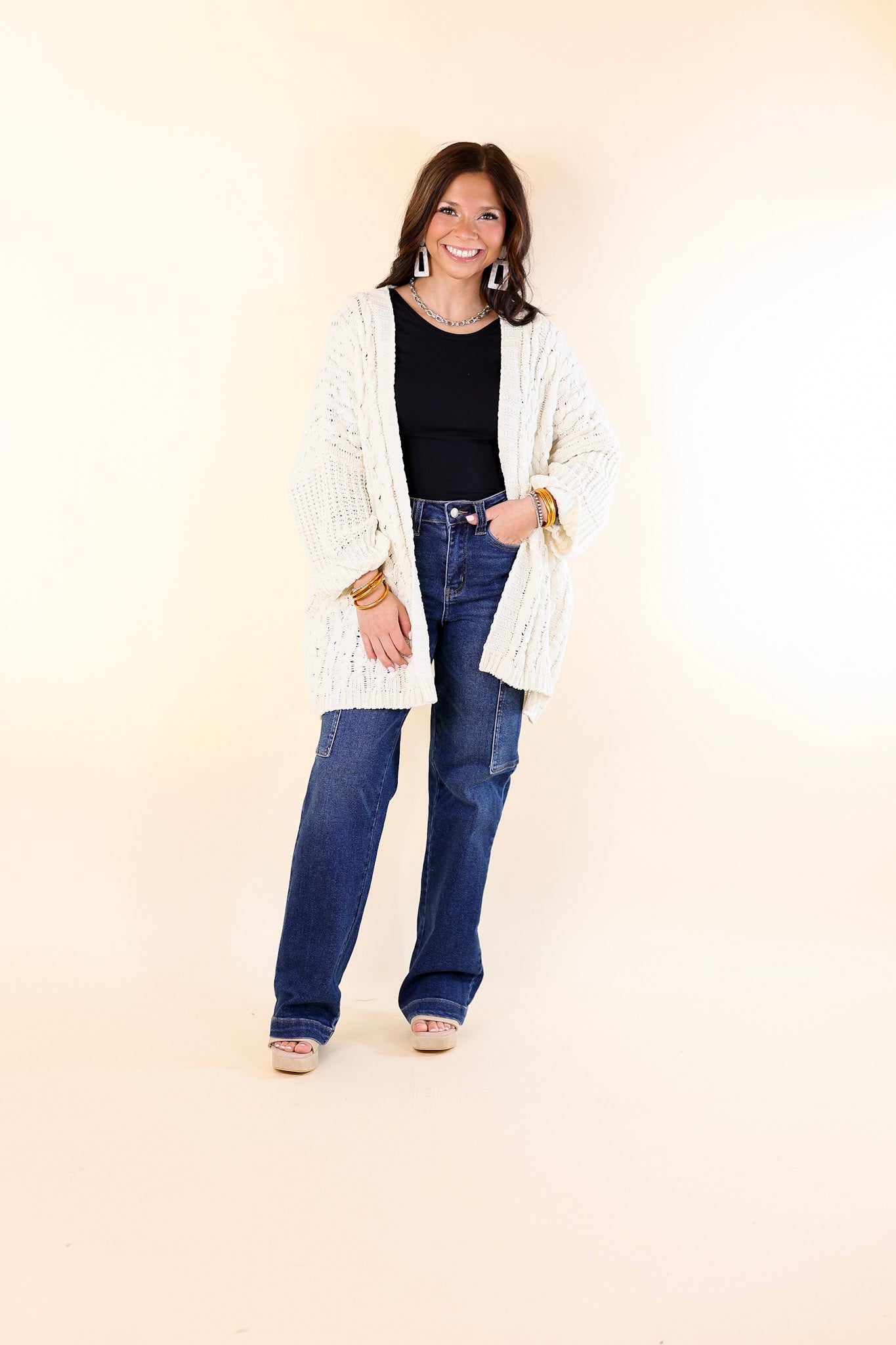 On My Level Chenille Cable Knit Open Front Cardigan in Ivory