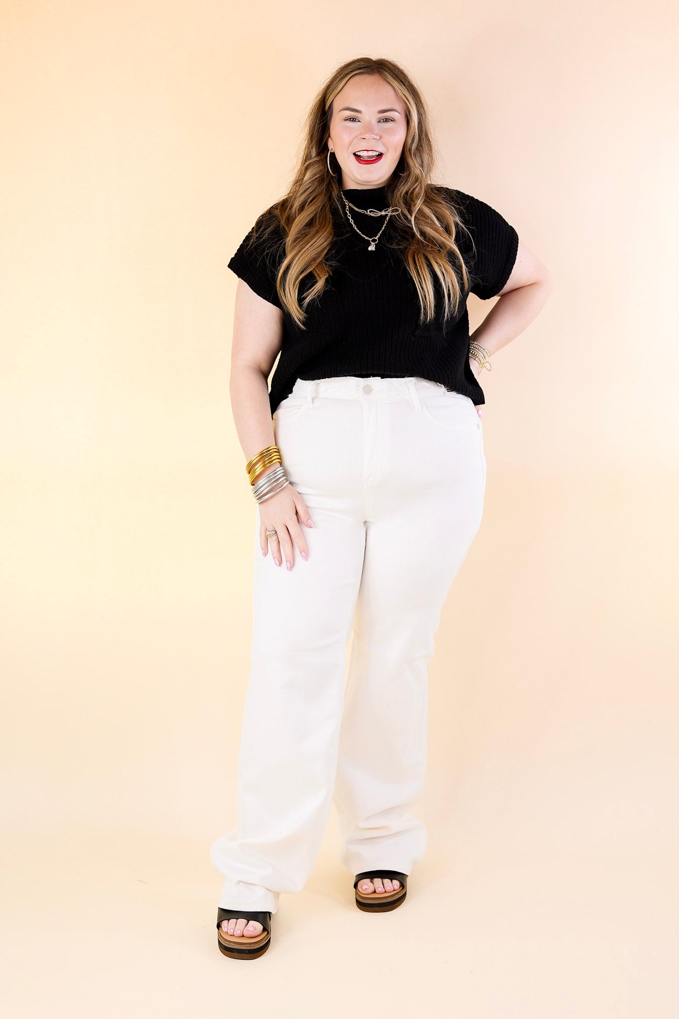 Judy Blue | Sleek Style High Waisted Wide Leg Jean with Braided Waistband in White - Giddy Up Glamour Boutique