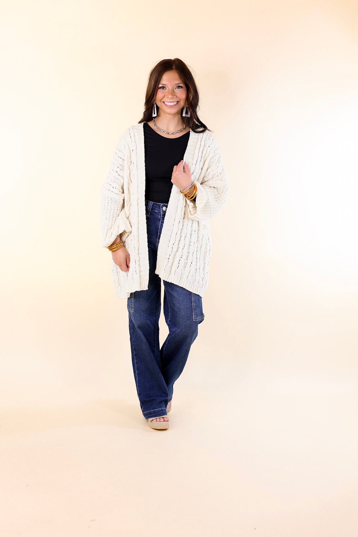 On My Level Chenille Cable Knit Open Front Cardigan in Ivory