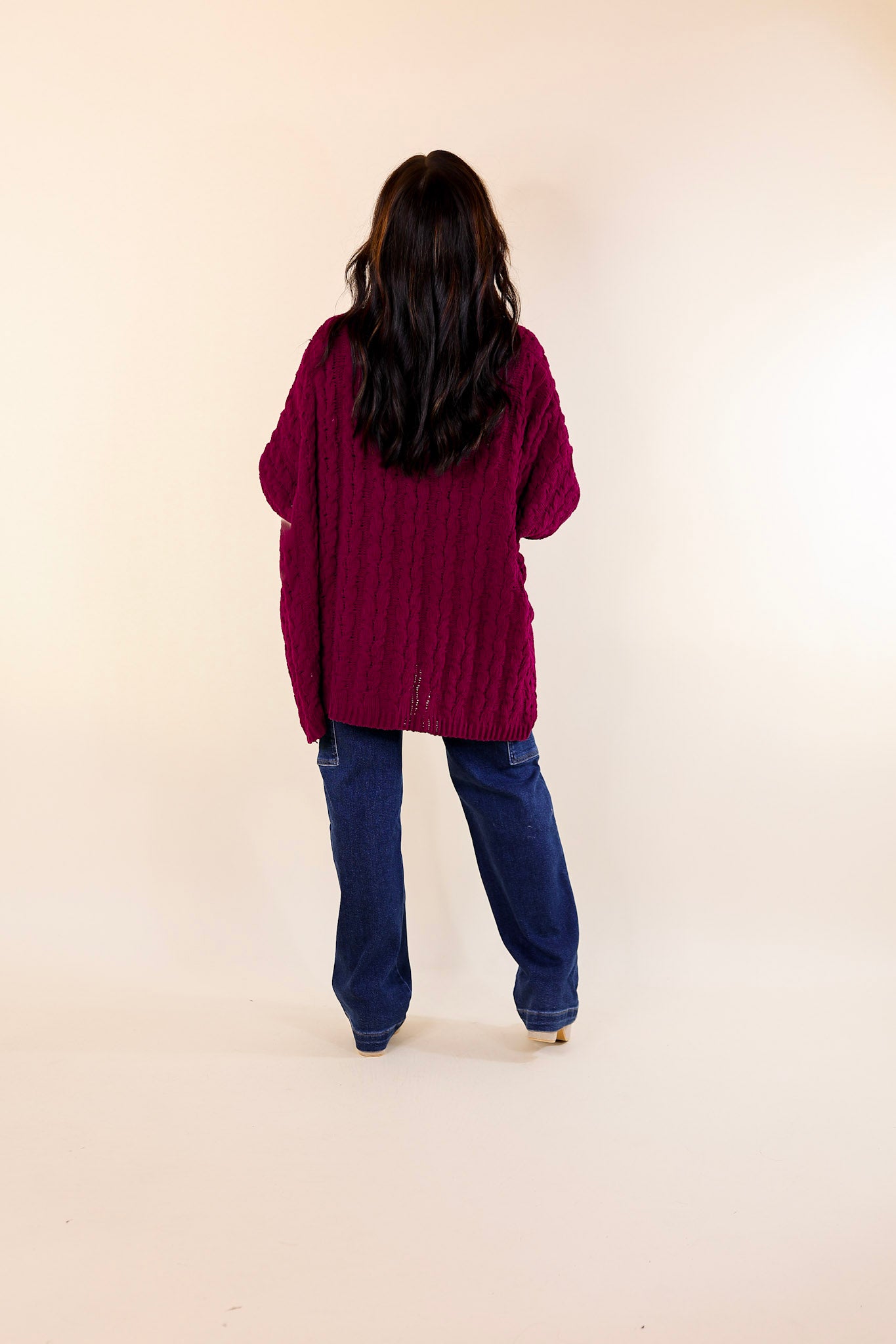 On My Level Chenille Cable Knit Open Front Cardigan in Maroon