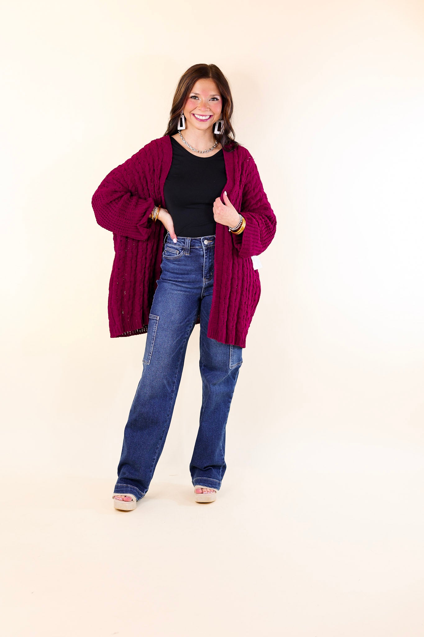 On My Level Chenille Cable Knit Open Front Cardigan in Maroon