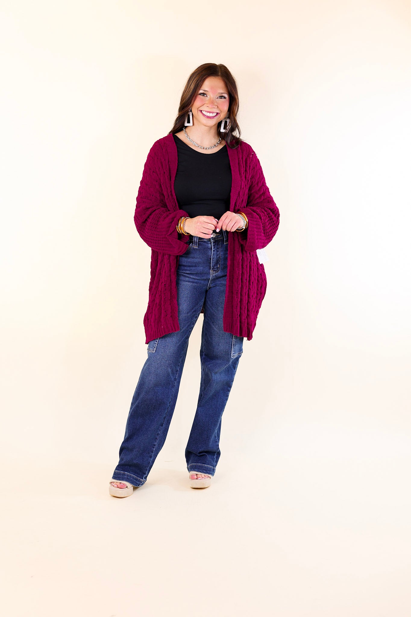 On My Level Chenille Cable Knit Open Front Cardigan in Maroon