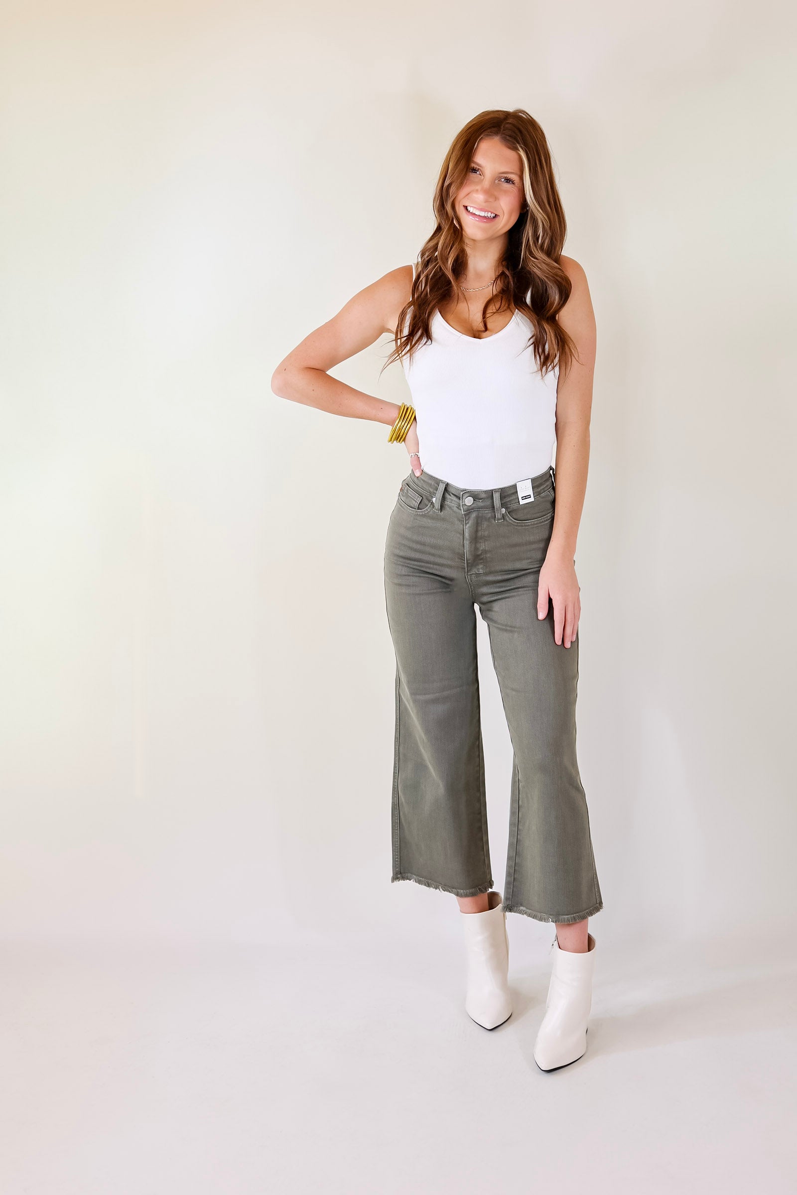 Judy Blue | Sign Me Up Tummy Control Cropped Wide Leg Jeans in Olive Green - Giddy Up Glamour Boutique