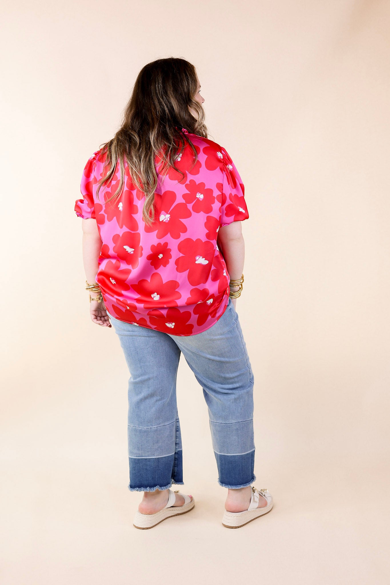 Divine Design Floral Blouse With Puffed Sleeve and Ruffle Neckline in Pink - Giddy Up Glamour Boutique