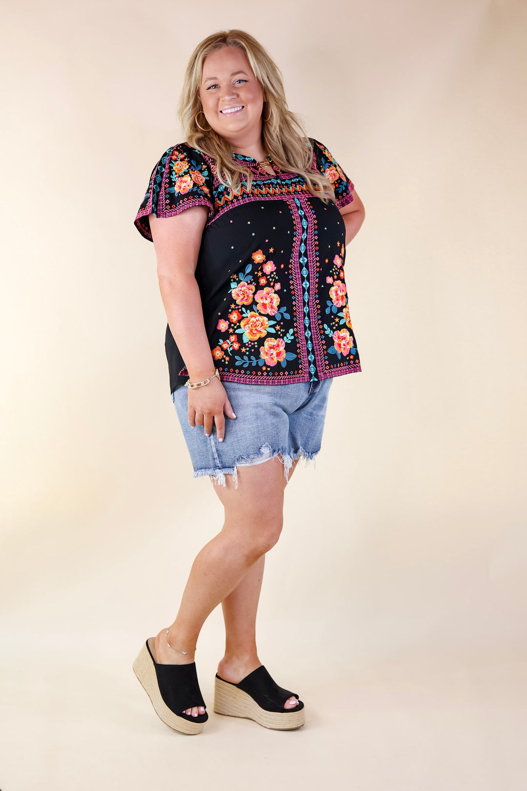 On The Blog Notched Neck Embroidered Top in Black - Giddy Up Glamour Boutique