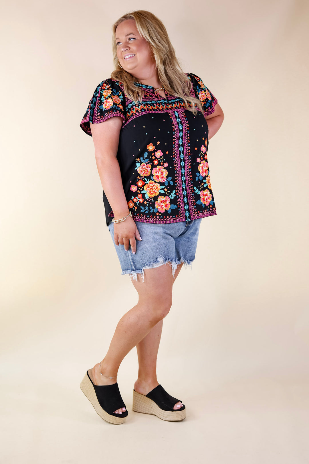 On The Blog Notched Neck Embroidered Top in Black - Giddy Up Glamour Boutique