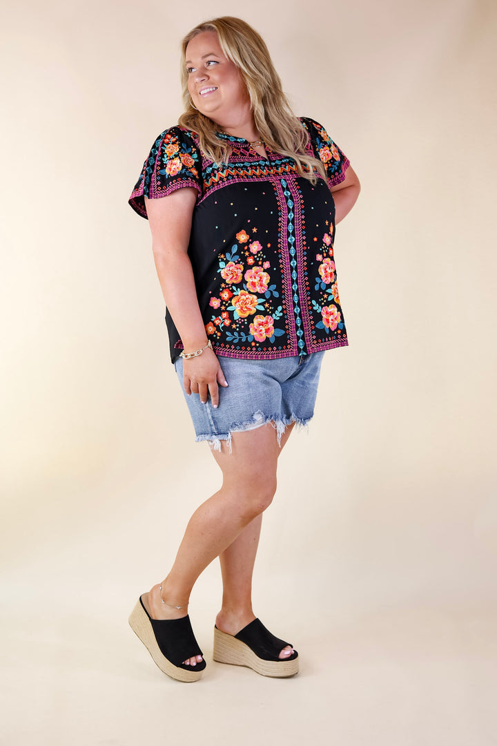 On The Blog Notched Neck Embroidered Top in Black - Giddy Up Glamour Boutique