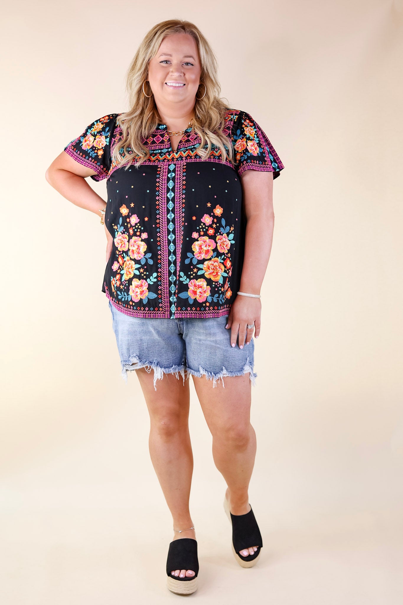 On The Blog Notched Neck Embroidered Top in Black - Giddy Up Glamour Boutique