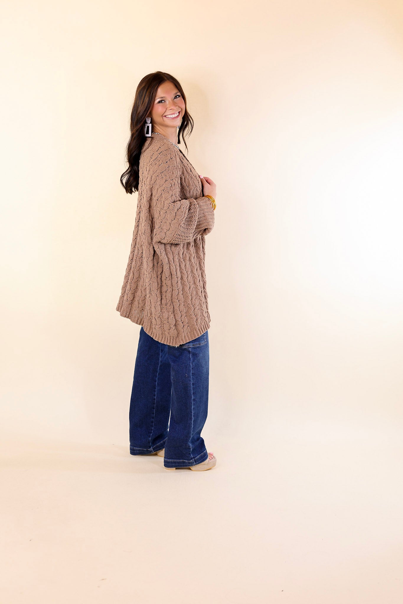 On My Level Chenille Cable Knit Open Front Cardigan in Cappuccino Brown