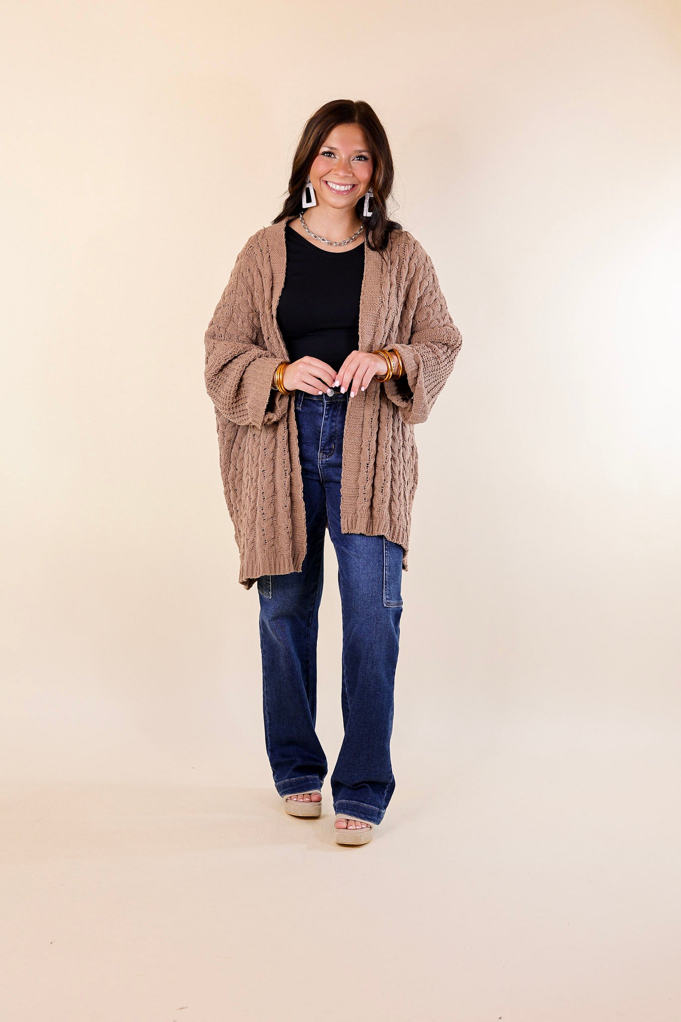 On My Level Chenille Cable Knit Open Front Cardigan in Cappuccino Brown