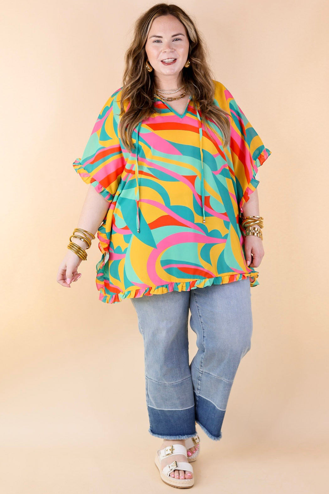 Fun and Free Flowy Top with Ruffle Trim in Gold Mix - Giddy Up Glamour Boutique