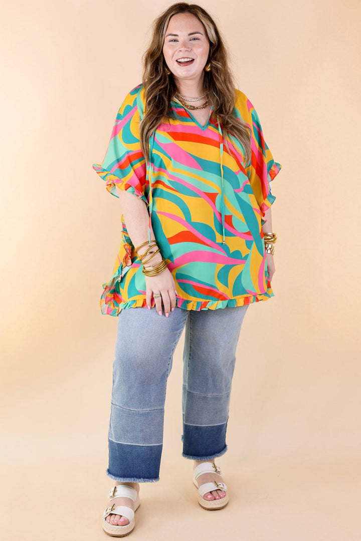 Fun and Free Flowy Top with Ruffle Trim in Gold Mix - Giddy Up Glamour Boutique