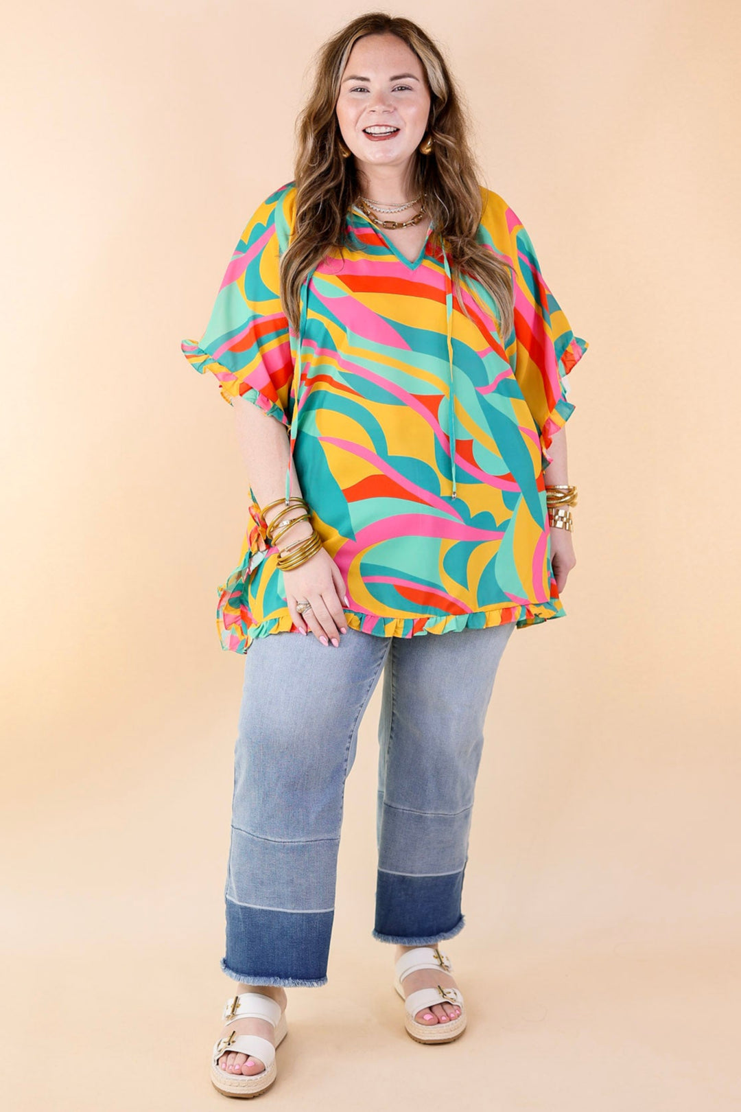 Fun and Free Flowy Top with Ruffle Trim in Gold Mix - Giddy Up Glamour Boutique