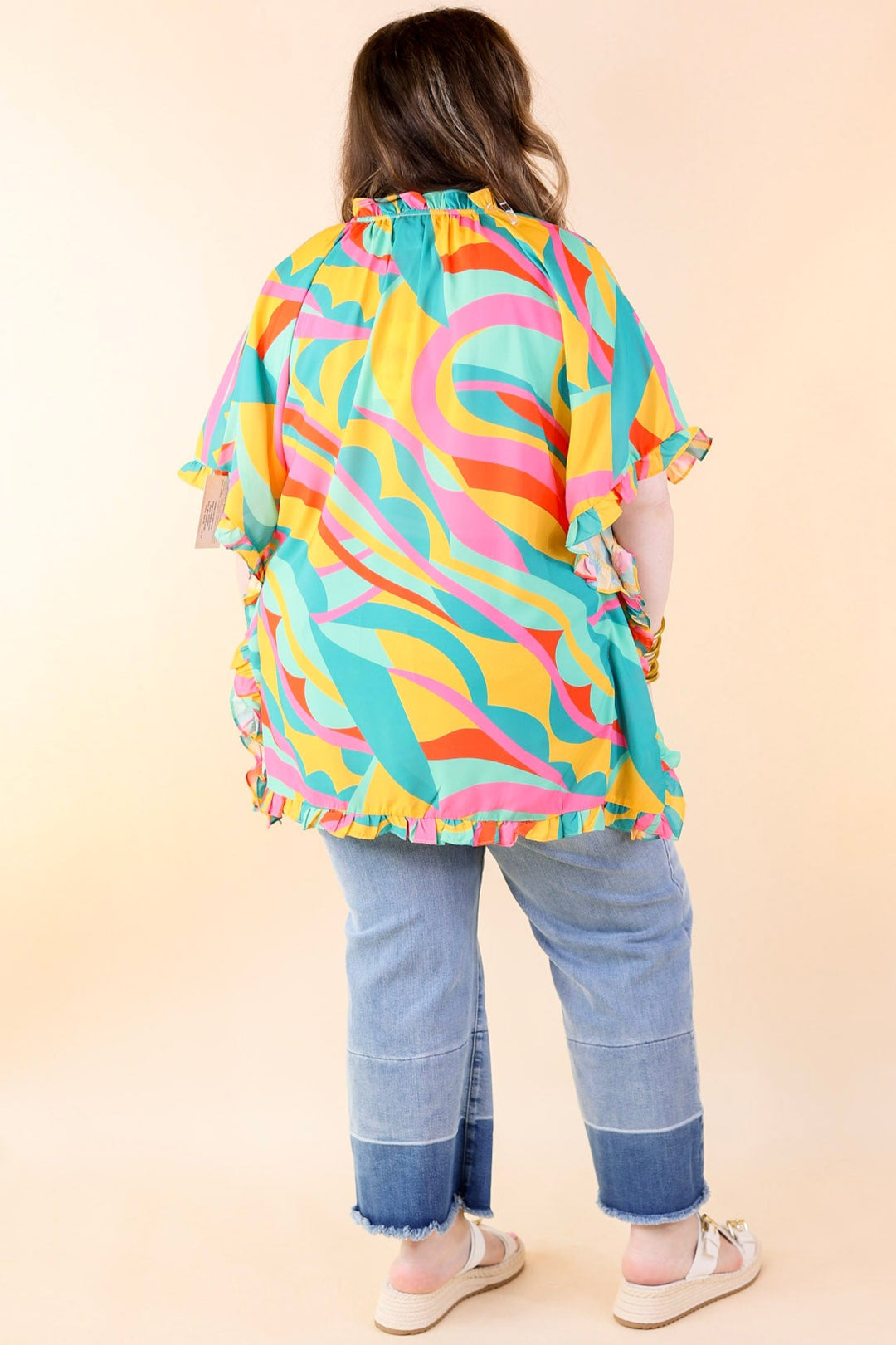 Fun and Free Flowy Top with Ruffle Trim in Gold Mix - Giddy Up Glamour Boutique