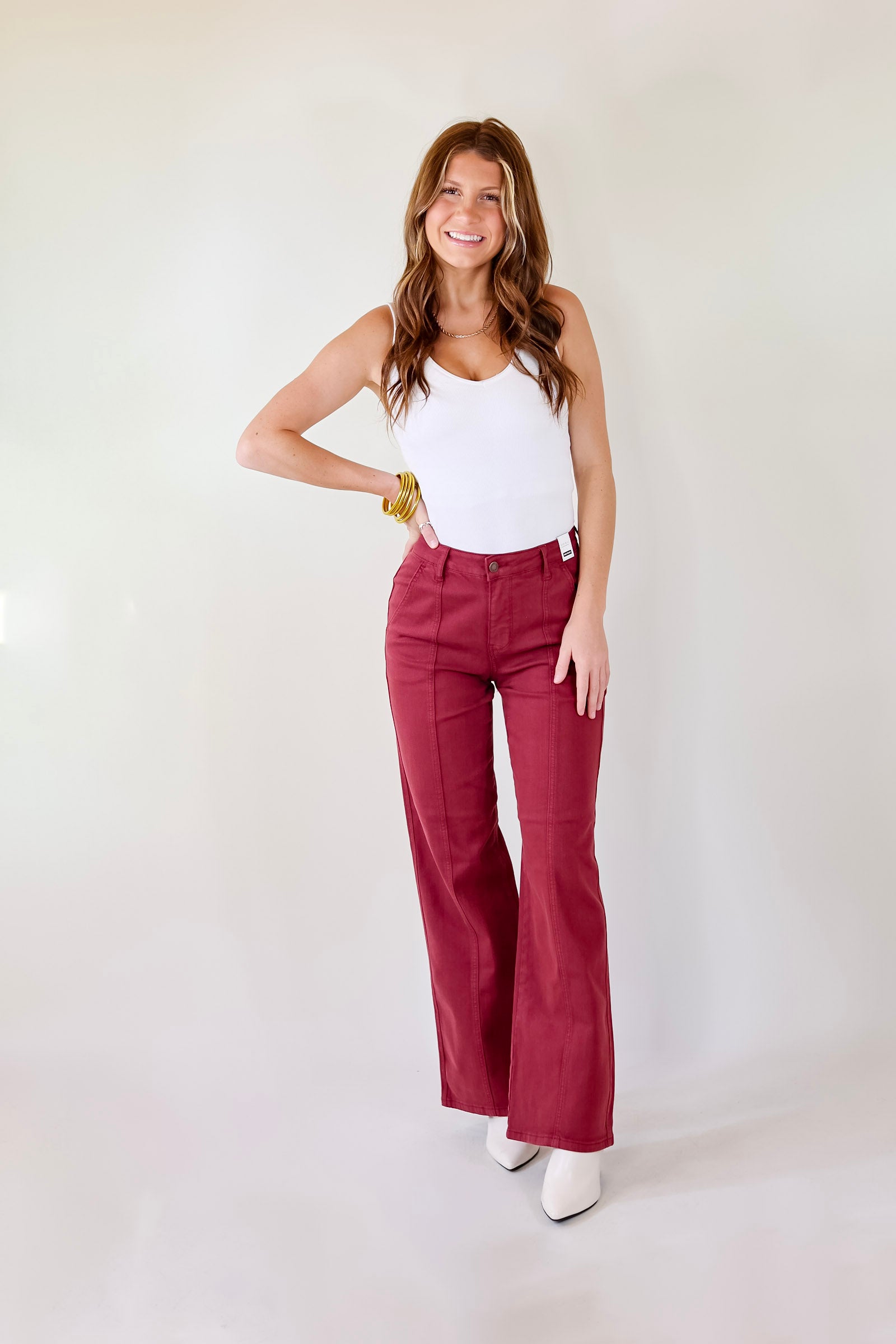 Judy Blue | Day Dreamin' Wide Leg Jeans with Front Seam in Burgundy Red - Giddy Up Glamour Boutique